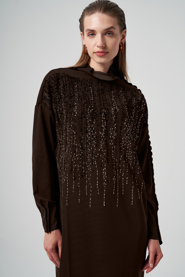 Triko Görünümlü Taş Baskılı Tunik