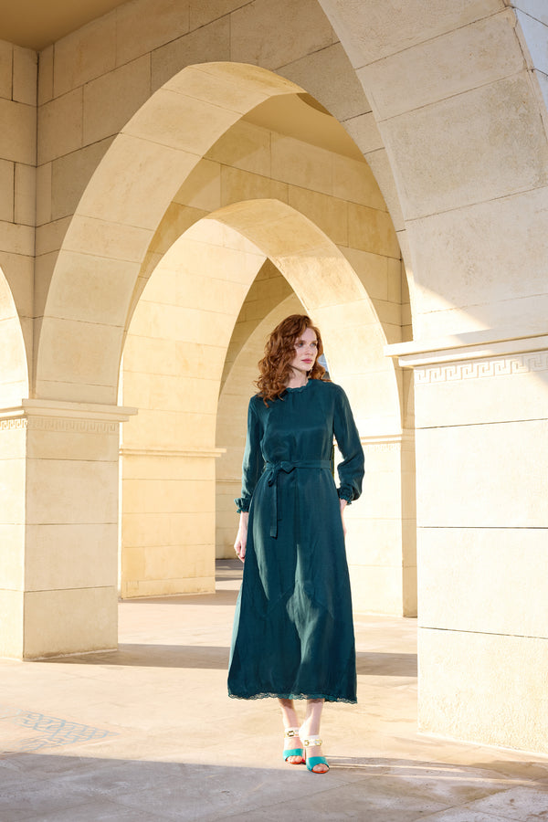 Dantel Detaylı Keten Elbise